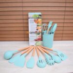 12 Pcs Silicone Cooking Utensils Kitchen Utensil Set - Heat Resistant Non-Toxic BPA Free Spatula Set with Turner Tongs,Spoon,Brush,Whisk-Wooden Handles Kitchen Gadgets